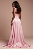 Pink Corset Lace A Line Long Prom Dress With Slit