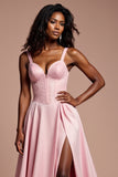 Pink Corset Lace A Line Long Prom Dress With Slit