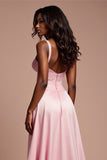 Pink Corset Lace A Line Long Prom Dress With Slit