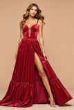 Dark Red Satin A Line Prom Dress with Slit