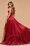 Dark Red Satin A Line Prom Dress with Slit