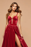 Dark Red Satin A Line Prom Dress with Slit