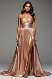 Rose Gold Strapless A Line Pleated Prom Dress