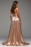 Rose Gold Strapless A Line Pleated Prom Dress