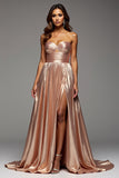 Rose Gold Strapless A Line Pleated Prom Dress