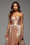 Rose Gold Strapless A Line Pleated Prom Dress