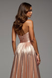 Rose Gold Strapless A Line Pleated Prom Dress