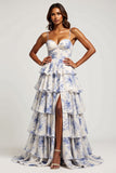 Blue Flower A Line Ruffle Prom Dress With Slit