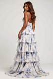 Blue Flower A Line Ruffle Prom Dress With Slit