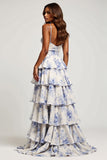 Blue Flower A Line Ruffle Prom Dress With Slit