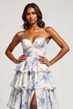 Blue Flower A Line Ruffle Prom Dress With Slit