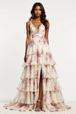 Chiffon V-Neck Ruffled A Line Champagne Flower Prom Dress