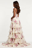 Chiffon V-Neck Ruffled A Line Champagne Flower Prom Dress