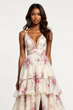 Chiffon V-Neck Ruffled A Line Champagne Flower Prom Dress