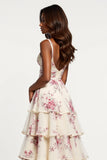 Chiffon V-Neck Ruffled A Line Champagne Flower Prom Dress