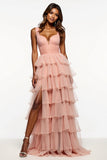 Pink A Line Tiered Ruffle Prom Dress With Slit