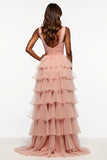 Pink A Line Tiered Ruffle Prom Dress With Slit