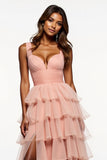 Pink A Line Tiered Ruffle Prom Dress With Slit