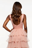 Pink A Line Tiered Ruffle Prom Dress With Slit