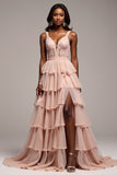 Lace Ruffled A Line Dusty Rose Prom Dress With Slit