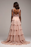 Lace Ruffled A Line Dusty Rose Prom Dress With Slit