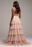 Lace Ruffled A Line Dusty Rose Prom Dress With Slit