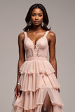 Lace Ruffled A Line Dusty Rose Prom Dress With Slit