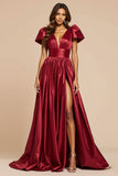 Satin V-Neck Cap Sleeve Dark Red Prom Dress With Slit