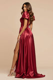 Satin V-Neck Cap Sleeve Dark Red Prom Dress With Slit