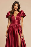 Satin V-Neck Cap Sleeve Dark Red Prom Dress With Slit