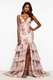 Champagne Flower Mermaid Ruffled Long Prom Dress With Slit