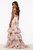 Champagne Flower Mermaid Ruffled Long Prom Dress With Slit