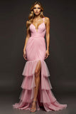 Pink Mermaid V-Neck Chiffon Prom Dress With Ruffles