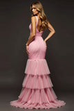 Pink Mermaid V-Neck Chiffon Prom Dress With Ruffles