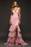 Pink Mermaid V-Neck Chiffon Prom Dress With Ruffles