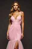 Pink Mermaid V-Neck Chiffon Prom Dress With Ruffles