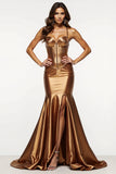 Mermaid Corset Satin Metallic Brown Prom Dress