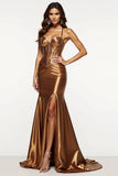 Mermaid Corset Satin Metallic Brown Prom Dress