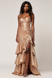 Rose Gold Ruched Mermaid Strapless Long Prom Dress With Ruffles