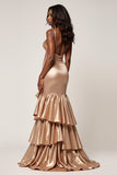 Rose Gold Ruched Mermaid Strapless Long Prom Dress With Ruffles