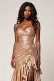 Rose Gold Ruched Mermaid Strapless Long Prom Dress With Ruffles