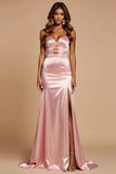 Mermaid Cut Out Satin Long Blush Pink Prom Dress With Slit