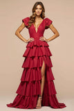 Dark Red V-Neck Ruffled A Line Long Prom Dress With Slit