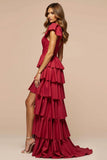 Dark Red V-Neck Ruffled A Line Long Prom Dress With Slit