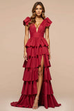 Dark Red V-Neck Ruffled A Line Long Prom Dress With Slit