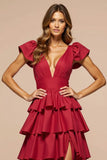 Dark Red V-Neck Ruffled A Line Long Prom Dress With Slit