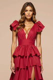 Dark Red V-Neck Ruffled A Line Long Prom Dress With Slit