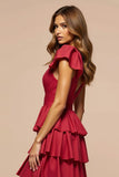 Dark Red V-Neck Ruffled A Line Long Prom Dress With Slit