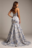 Mermaid Floral Long Blue Flower Prom Dress