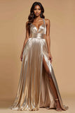 Pleated Metallic Halter A Line Long Gold Prom Dress With Slit